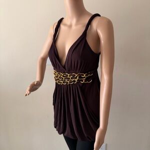 bebe Dark Brown V-Neck Sleeveless Top with Gold Chain Waist